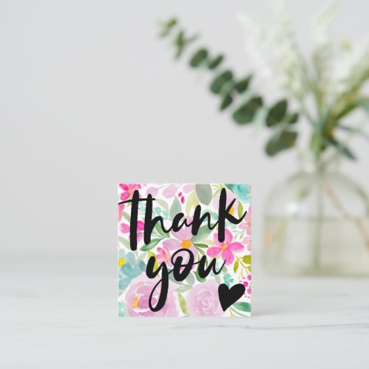 Moderne script florroze bedankt vierkante visitekaartje (Staand voorkant)