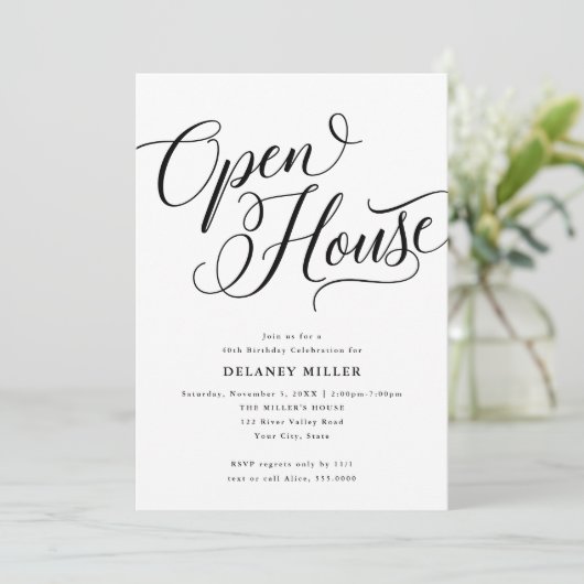 Moderne Script Flourish, Zwart Open Huis Feest Kaart (Staand voorkant)