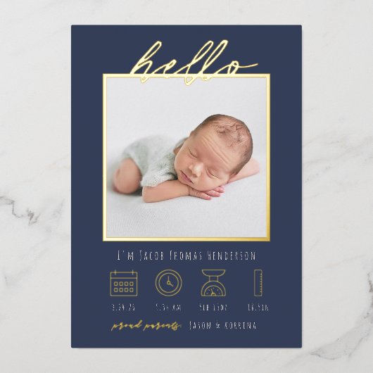 Moderne Script Folie Hallo Baby Geboorteaankondigi Uitnodiging (Voorkant)