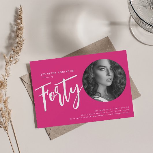 Moderne Script Foto 40e verjaardag Party Hot Pink Kaart