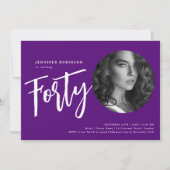 Moderne Script Foto 40e Verjaardagsfeestje Paarse Kaart (Voorkant)