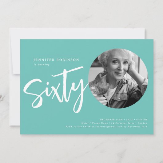 Moderne Script Foto 60e Verjaardagsfeestje Blauwgr Kaart (Voorkant)