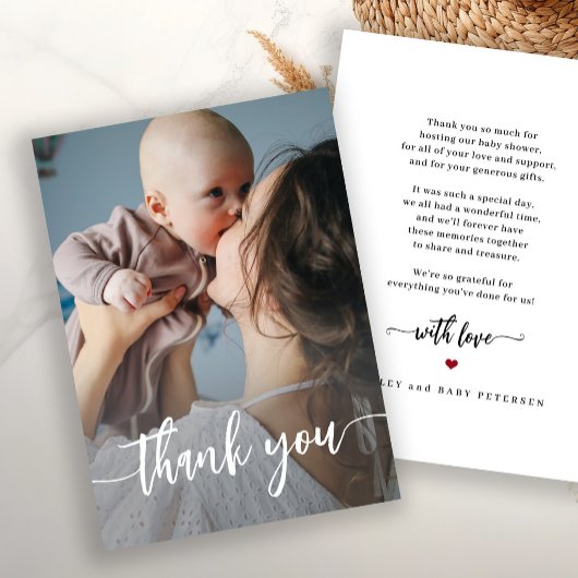 Moderne script foto baby shower bedankkaart