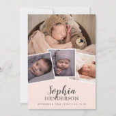 Moderne Script Foto Blush Roze Geboorte Aankondiging (Voorkant)