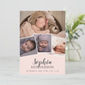 Moderne Script Foto Blush Roze Geboorte Aankondiging (Staand voorkant)