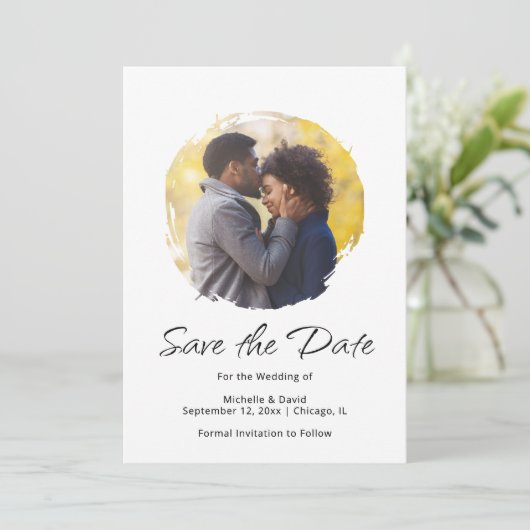 Moderne Script Foto Boho Minimalistische bruiloft Save The Date (Staand voorkant)