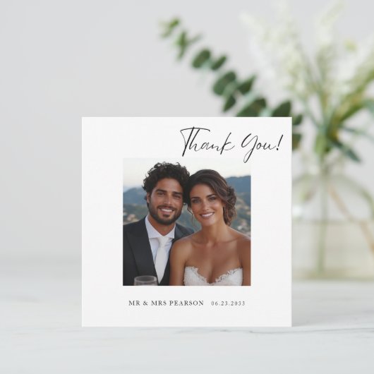 Moderne script foto bruiloft dank u bedankkaart (Staand voorkant)