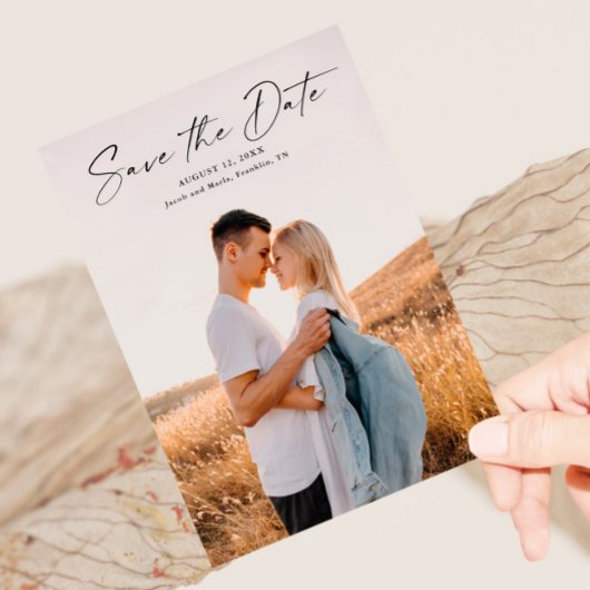 Moderne Script Foto Bruiloft Save The Date Magnetische Uitnodiging