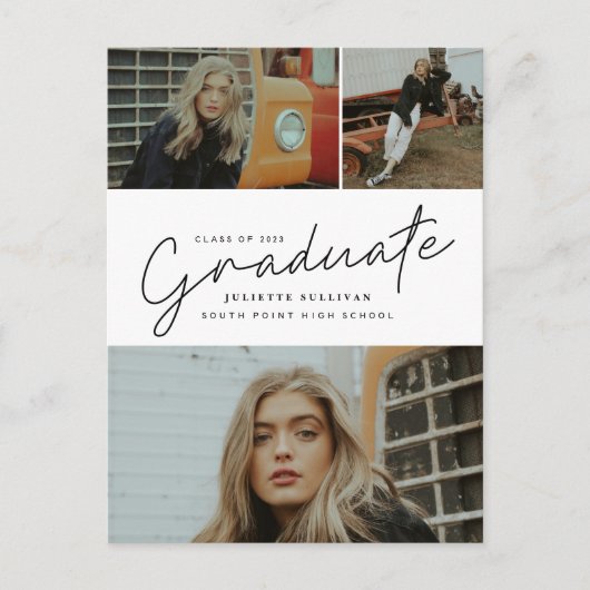Moderne Script Foto Collage Afstudeerceremonie Uitnodiging Briefkaart (Voorkant)