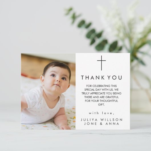 Moderne Script Foto Doop Dank u kaart (Staand voorkant)