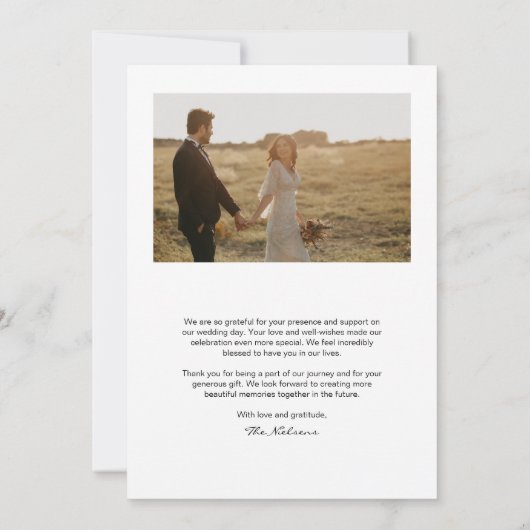 Moderne Script Foto Flat Wedding Dank u kaart (Achterkant)