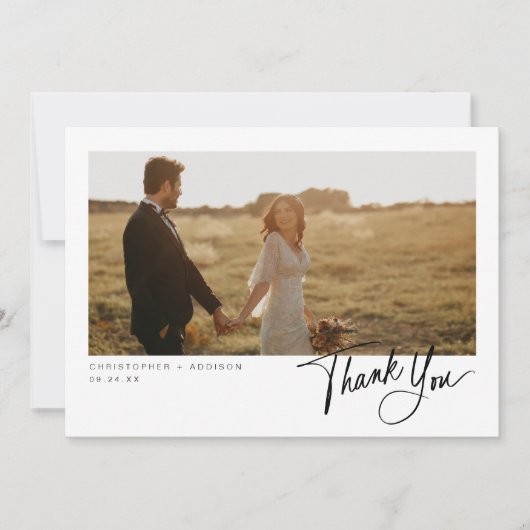 Moderne Script Foto Flat Wedding Dank u kaart (Voorkant)