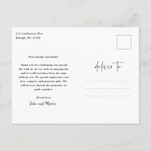 Moderne Script Foto Huwelijk Bedankt Briefkaart (Achterkant)