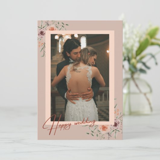 Moderne Script Foto Huwelijk bloemige Dankkaart  Bedankkaart (Staand voorkant)