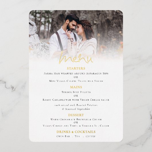 Moderne Script Foto Huwelijk Echt Folie Menu Kaart (Voorkant)