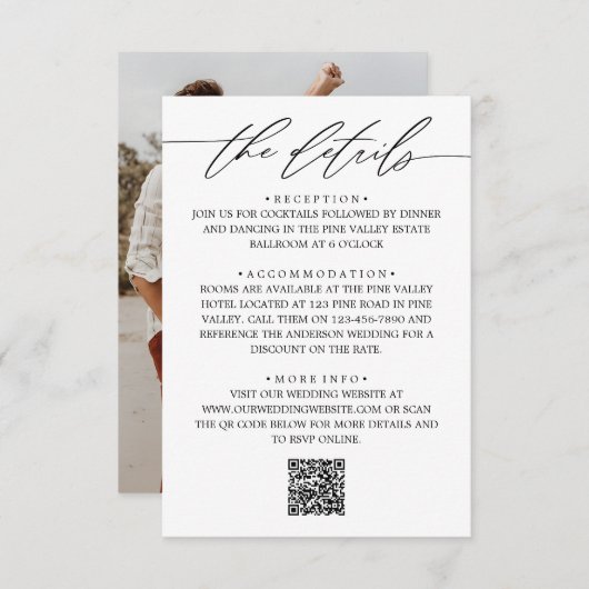 Moderne Script & Foto Huwelijksdetails & QR-Code Informatiekaartje (Voorkant / Achterkant)