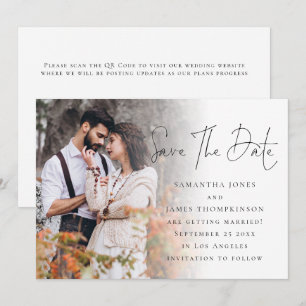 Moderne script foto overlay QR-code bruiloft Save The Date