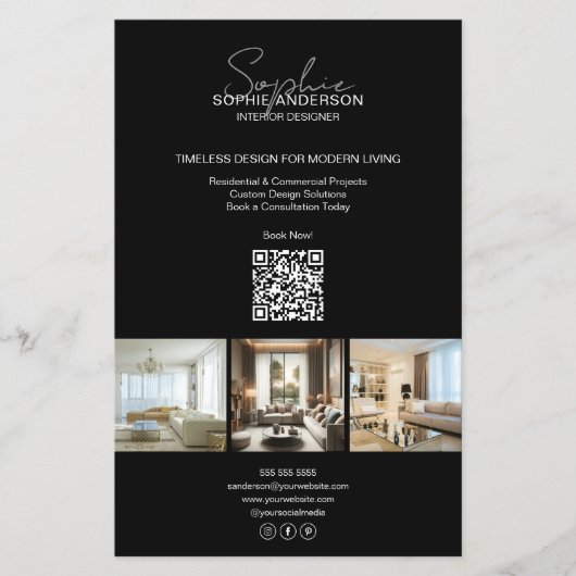 Moderne Script Foto QR Zwart Professionele Zakelij Flyer (Voorkant)