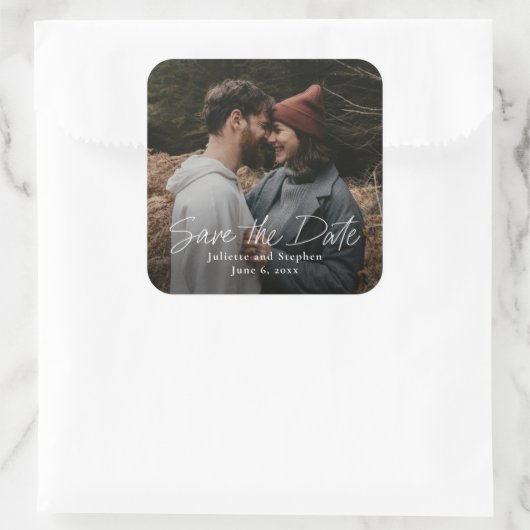Moderne script foto save the date vierkante sticker (Tas)