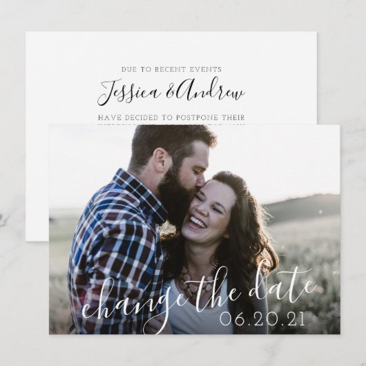 Moderne Script Foto Uitstel Bruiloft Save The Date (Voorkant / Achterkant)