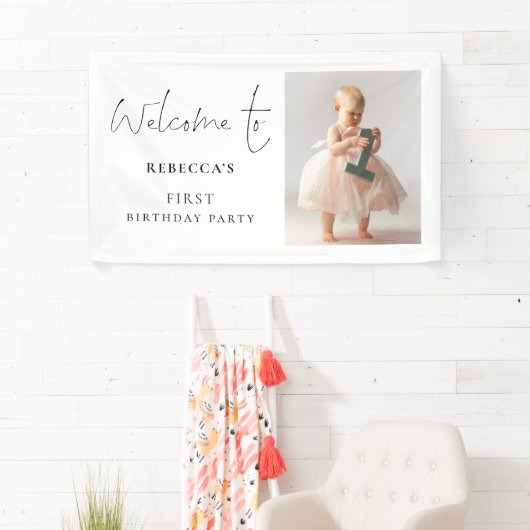 Moderne Script Foto Welkom 1e Verjaardagsfeest Spandoek (Insitu)