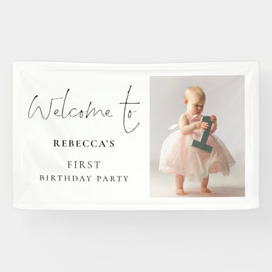 Moderne Script Foto Welkom 1e Verjaardagsfeest Spandoek (Horizontaal)