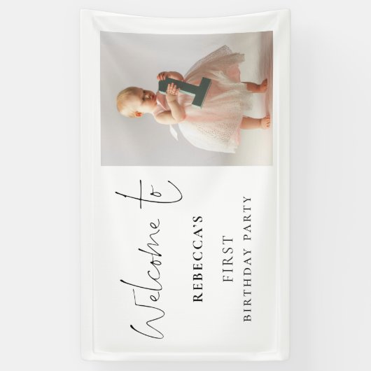 Moderne Script Foto Welkom 1e Verjaardagsfeest Spandoek (Verticaal)