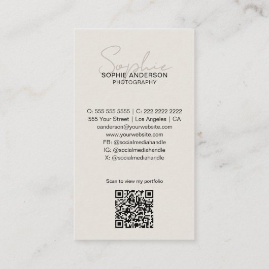 Moderne Script Fotograaf Foto QR Code Tan Visitekaartje (Achterkant)