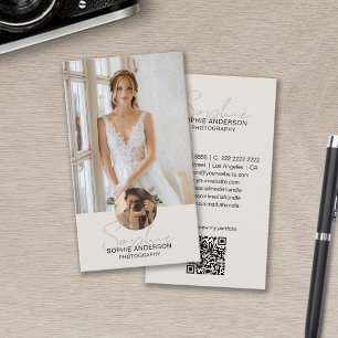 Moderne Script Fotograaf Foto QR Code Taupe Visitekaartje