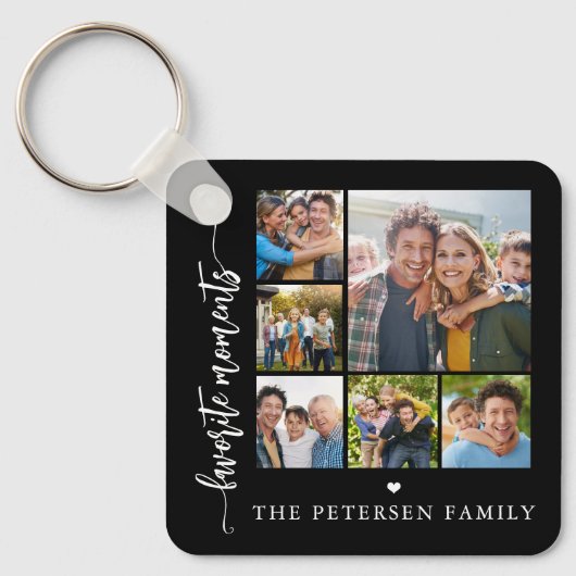 Moderne script fotokollage gepersonaliseerd zwart sleutelhanger (Voorkant)