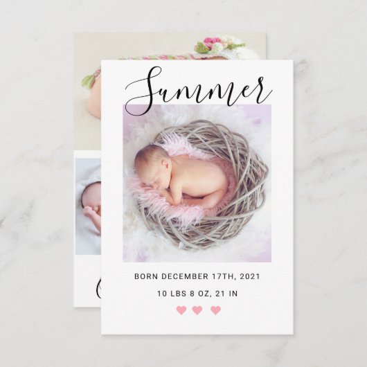 Moderne Script Geboorte Aankondiging met Foto's (Voorkant / Achterkant)