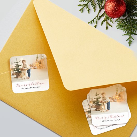 Moderne Script Gelukkig Kerstmis Foto Vierkante Sticker