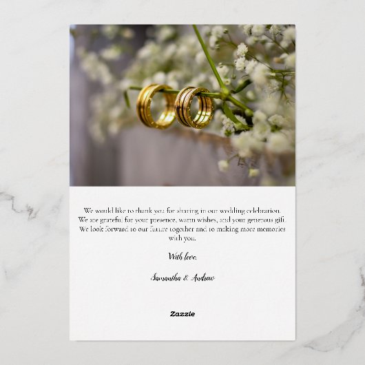 Moderne script gepersonaliseerde bruiloft bedankt  folie uitnodiging (Achterkant)