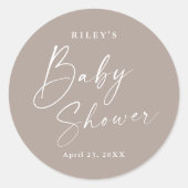 Moderne script geslachtsneutrale babyshower ronde sticker (Voorkant)