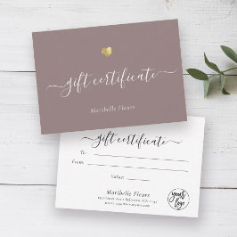 Moderne Script Gold Heart Logo Cadeaucertificaat