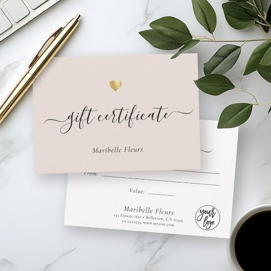 Moderne Script Gold Heart Logo Cadeaucertificaat