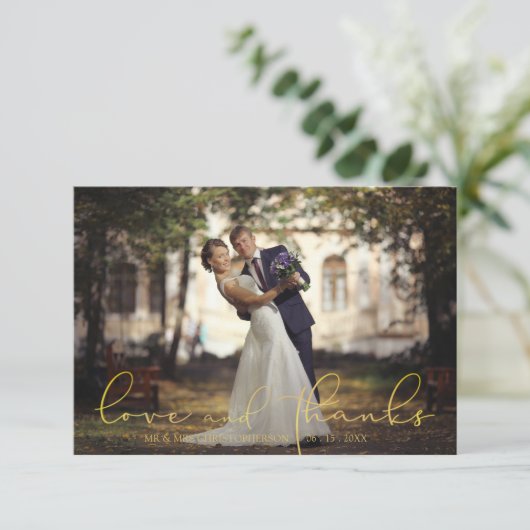 Moderne Script Gold LOVE en BEDANKT Photo Wedding (Staand voorkant)