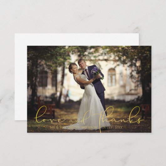 Moderne Script Gold LOVE en BEDANKT Photo Wedding (Voorkant / Achterkant)
