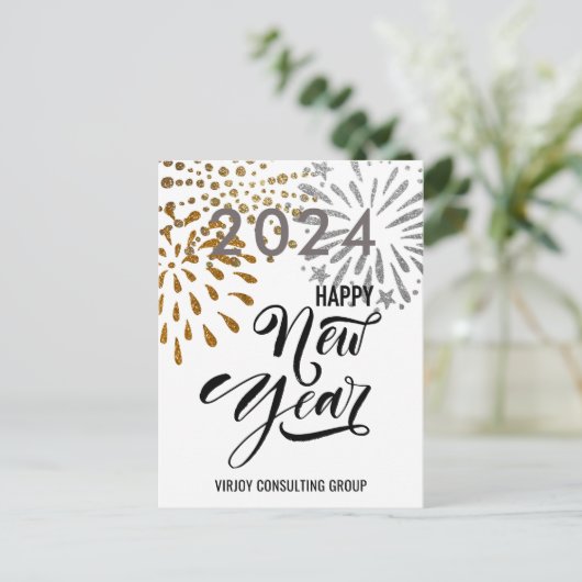 Moderne Script Gold Silver Fireworks Business Foto Briefkaart (Staand voorkant)
