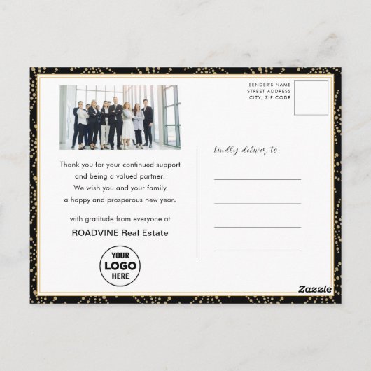 Moderne Script Gold Silver Fireworks Business Foto Briefkaart (Achterkant)