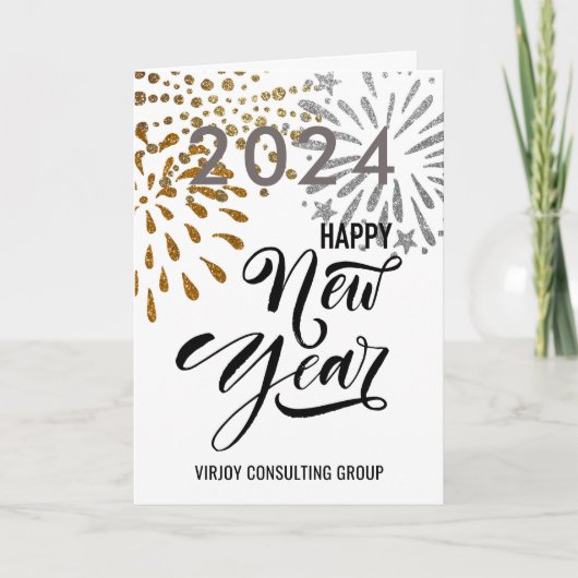 Moderne Script Gold Silver Fireworks Business Foto Feestdagen Kaart (Voorkant)