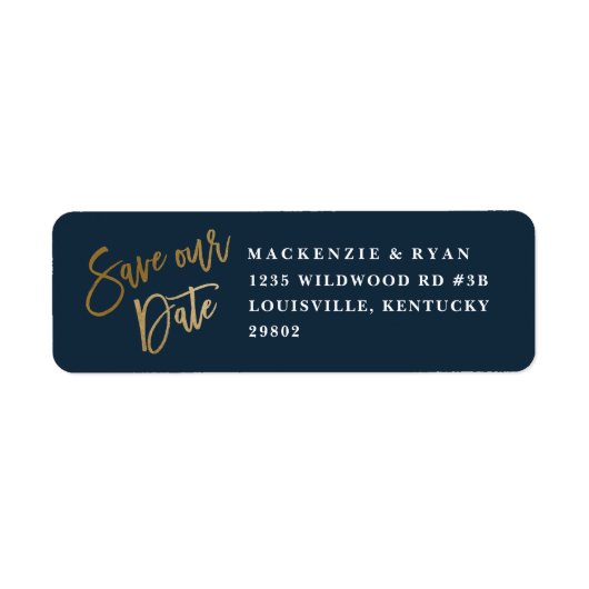 Moderne script goud bewaar de datum retouradres etiket (Voorkant)