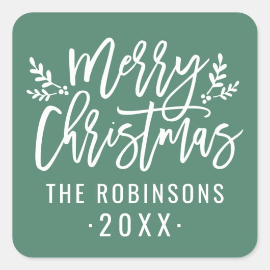 Moderne Script Green Merry kerst Custom Vierkante Sticker (Voorkant)