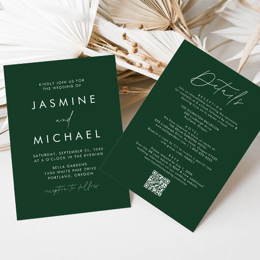 Moderne Script Groene All In One QR Code Huwelijk Kaart