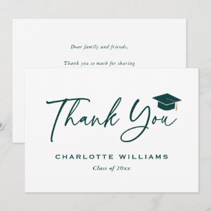 Moderne script groene en witte afstudeerhoed bedankkaart