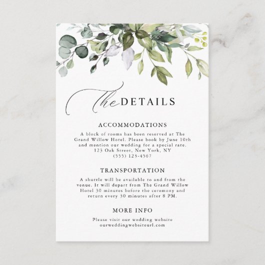 Moderne Script Groene Eucalyptus Trouwdetails Informatiekaartje (Voorkant)