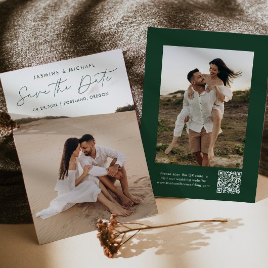 Moderne Script Groene QR Code 2 Foto Save The Date