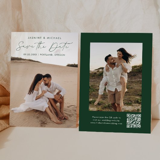 Moderne Script Groene QR Code 2 Foto Save The Date