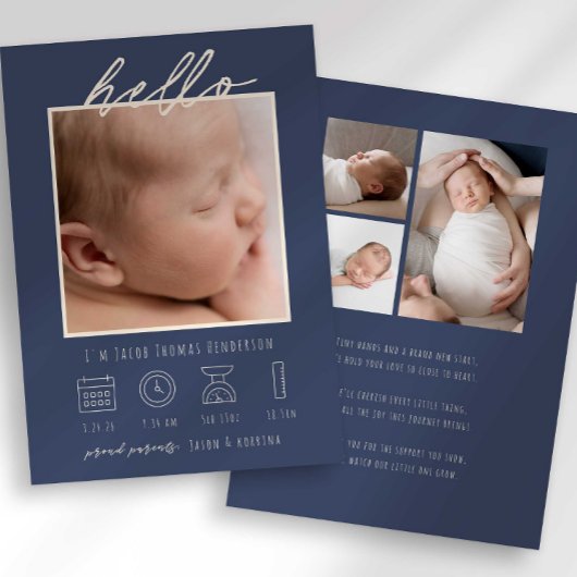 Moderne Script Hallo Baby Foto Geboorteaankondigin Kaart