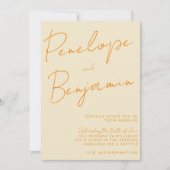 Moderne script handgeschreven oranje crème trouwka kaart (Voorkant)